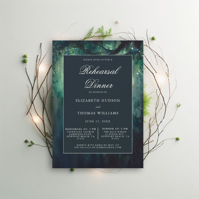 Enchanted Forest Emerald Elegante Probe Abendessen Einladung (wedding rehearsal dinner invitation enchanted forest secret garden magical theme emerald gold)