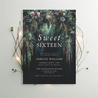 Enchanted Forest Emerald Floral Mairytale Sweet 16 Einladung