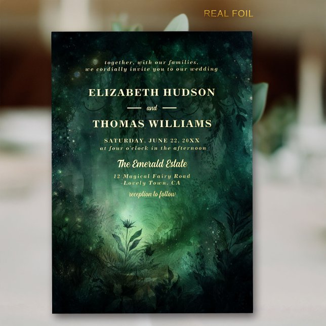 Enchanted Forest Emerald Gold Chic Elegante Hochze Folieneinladung (enchanted forest wedding invitation elegant magical fairy garden foliage greenery emerald gold foil)