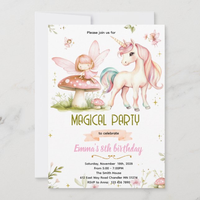 Enchanted Forest Fairy Unicorn Birthday Invitation Einladung (Vorderseite)