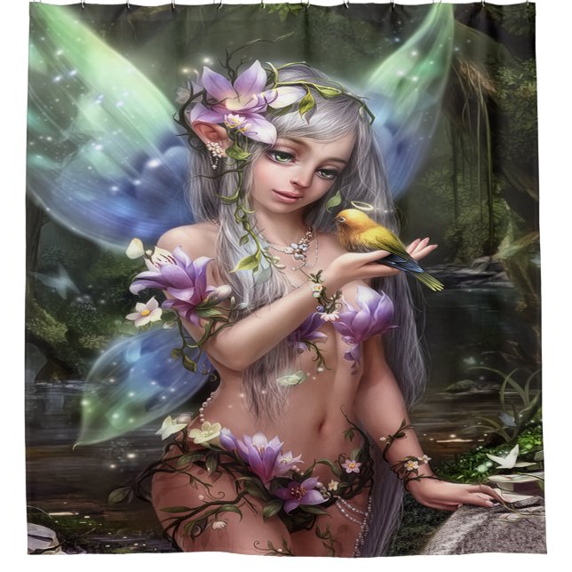 Enchanted Forest Fairy with Golden Bird Duschvorhang (Vorderseite)