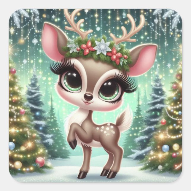 Enchanted Forest Reindeer Princess Quadratischer Aufkleber (Vorderseite)