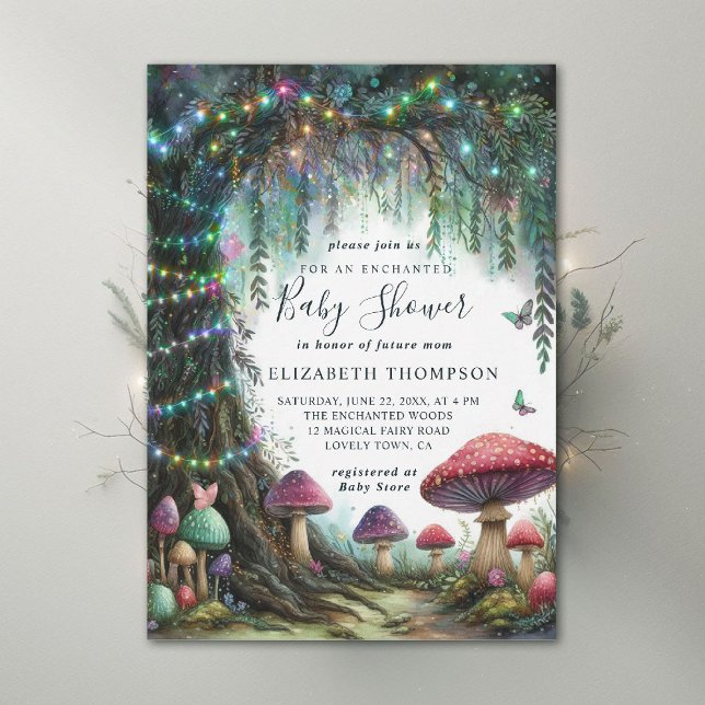Enchanted Forest Whimsical Mushrooms Baby Shower Einladung (enchanted forest baby shower invitation woodland mushrooms rainbow twinkle magic fairy)