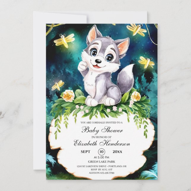 Enchanted Forest Wolf Babydusche Einladung (Vorderseite)