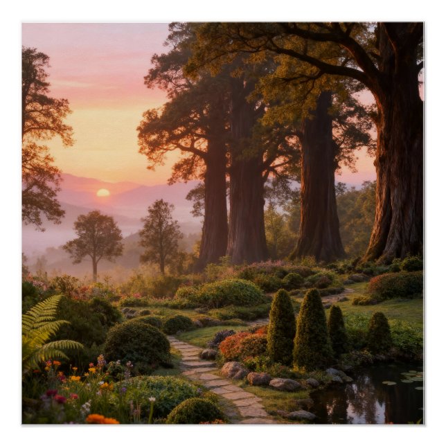 Enchanted Garden at Dawn Majestic Trees Poster (Vorderseite)