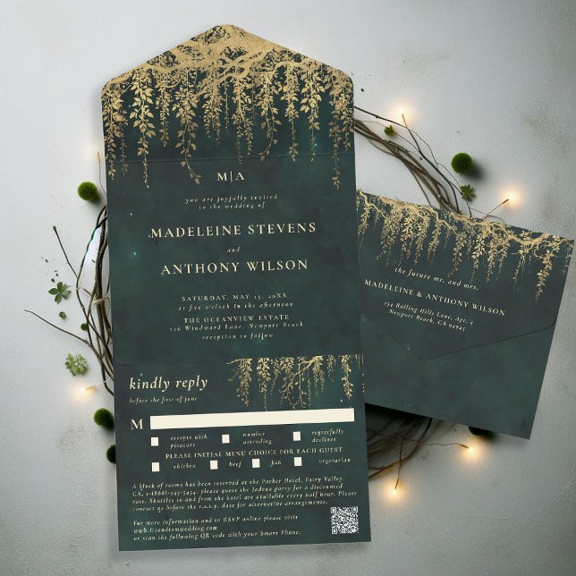 Enchanted Garden Emerald Gold Fairy Forest Wedding All In One Einladung (enchanted forest hanging greenery all in one wedding invitation qr code meal choice woodland fairy)