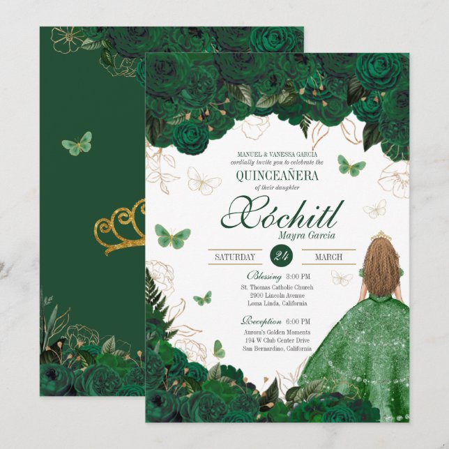 Enchanted Garden Emerald Green Quinceanera Einladung (Vorne/Hinten)