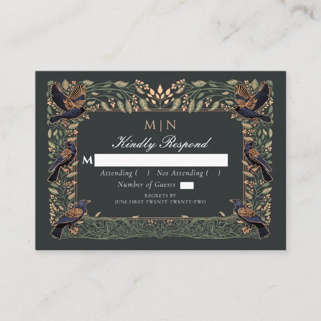 Enchanted Gothic Raven Floral Wedding Green UAWG Begleitkarte (Vorderseite)