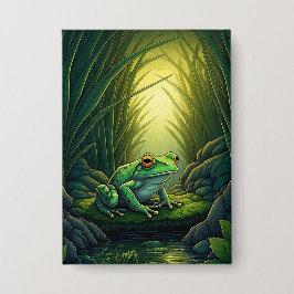 Enchanted Green Frog in a Forest Button