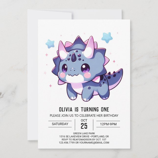 Enchanted Happy Dinosaur 1. Geburtstag Einladung (Vorderseite)