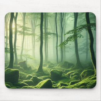 Enchanted Misty Forest Serene Green Woodland Scene Mousepad