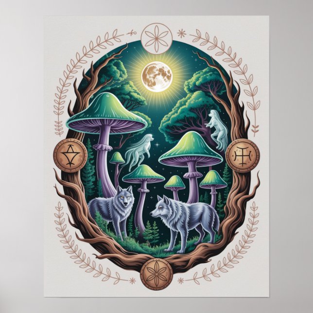 Enchanted Moonlit Wolves and Psychedelic Mushrooms Poster (Vorne)