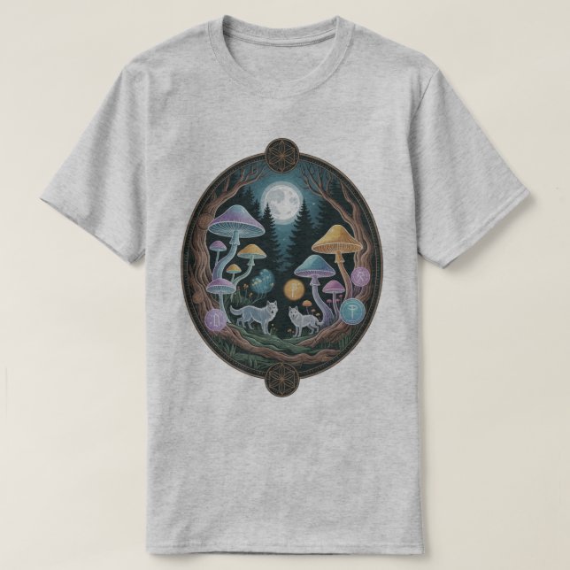 Enchanted Moonlit Wolves and Psychedelic Mushrooms T-Shirt (Design vorne)