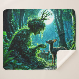 Enchanted nature guardian feeding a baby fawn sherpadecke