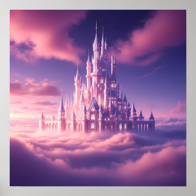 Enchanted Pink Castle Above the Dreamy Clouds Poster (Vorne)