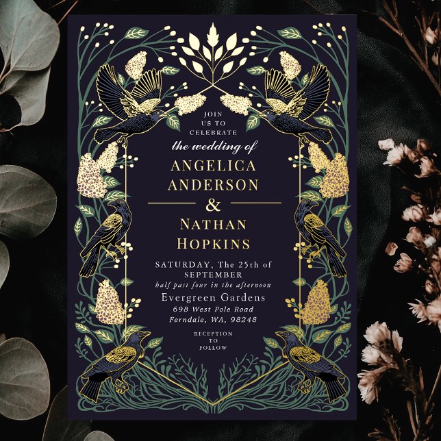 Enchanted Raven Lilac Gothic Wedding Folieneinladung (Von Creator hochgeladen)