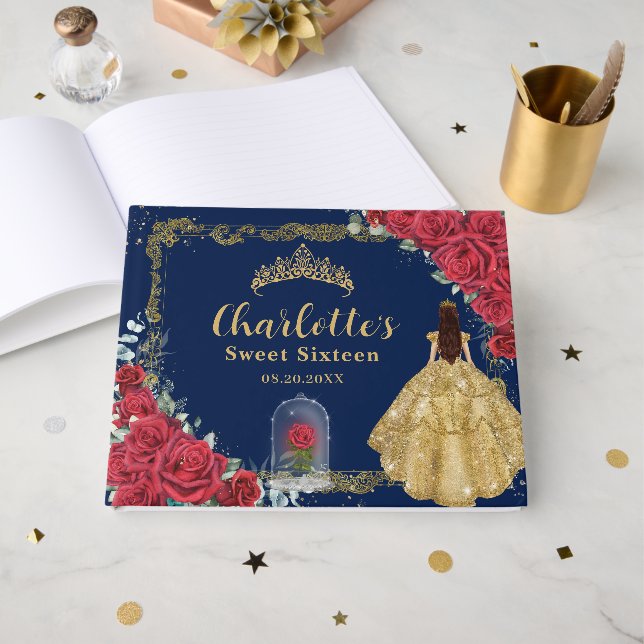 Enchanted Rose Red Floral Fair Princess Sweet 16  Gästebuch (Vorderseite Offen)