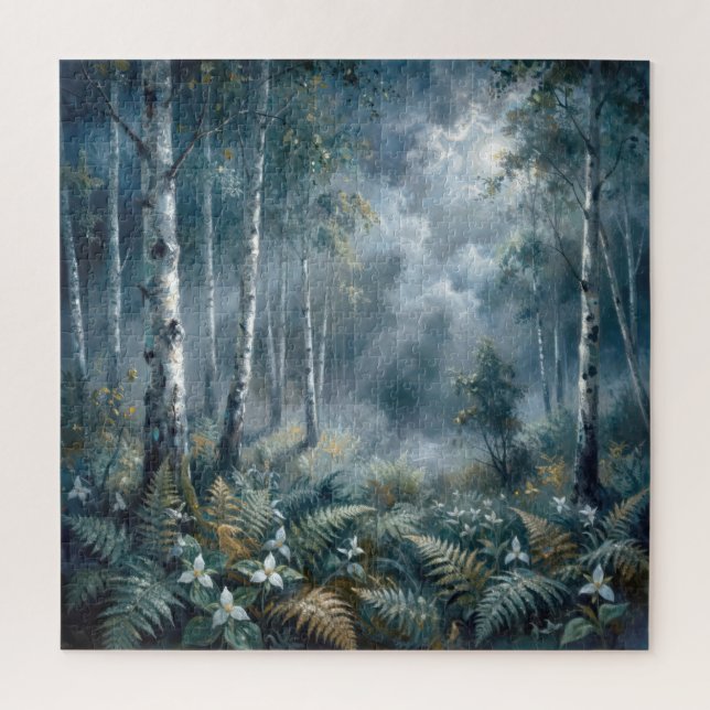 Enchanted Spring Birch Forest in Moonlight Puzzle (Vertikal)