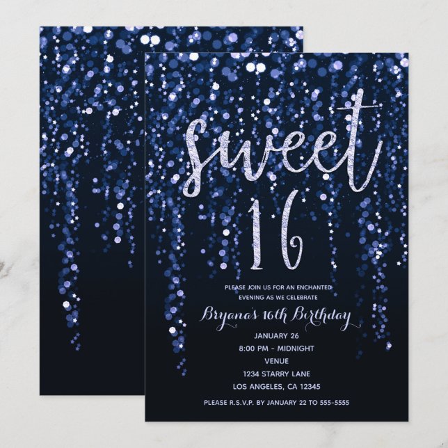 Enchanted Star Lights Blue Violet Sweet 16 Party Einladung (Vorne/Hinten)