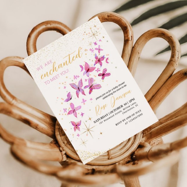 Enchanted To Meet You Butterfly Baby Shower Einladung (Magical pink and gold glitter baby shower invitation design for our mom to be and her little girl)