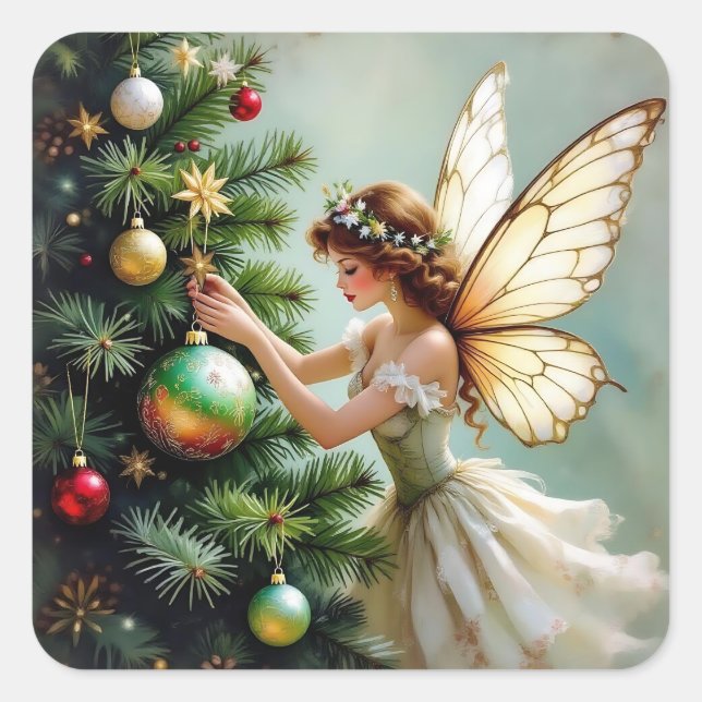 Enchanted Vintage Fairy Christmas Quadratischer Aufkleber (Vorderseite)