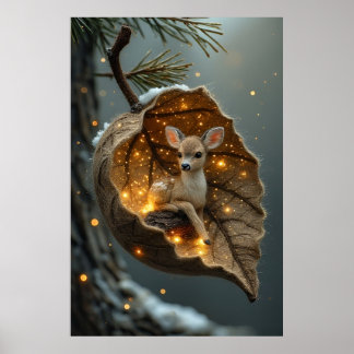🦌 Enchanted Winter Fawn – Glowing Leaf Cocoon Poster