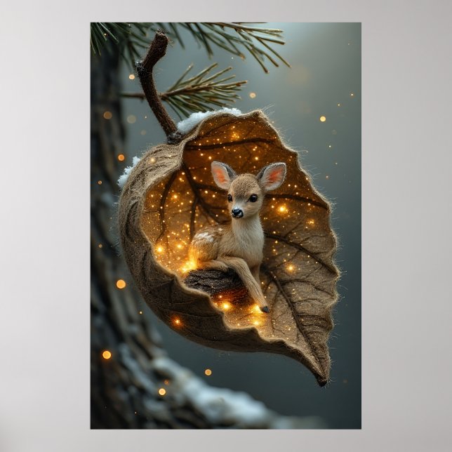 🦌 Enchanted Winter Fawn – Glowing Leaf Cocoon Poster (Vorne)