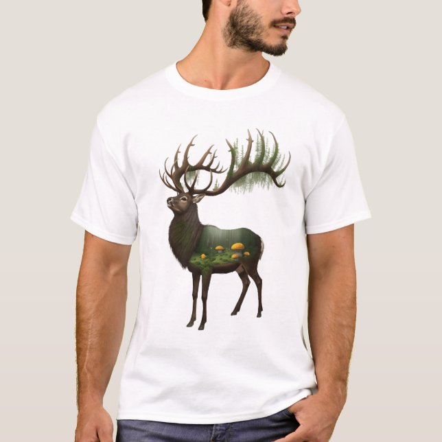 "Enchanteter Wald" Hirsch Grafik T-Shirt – Doppelb (Vorderseite)