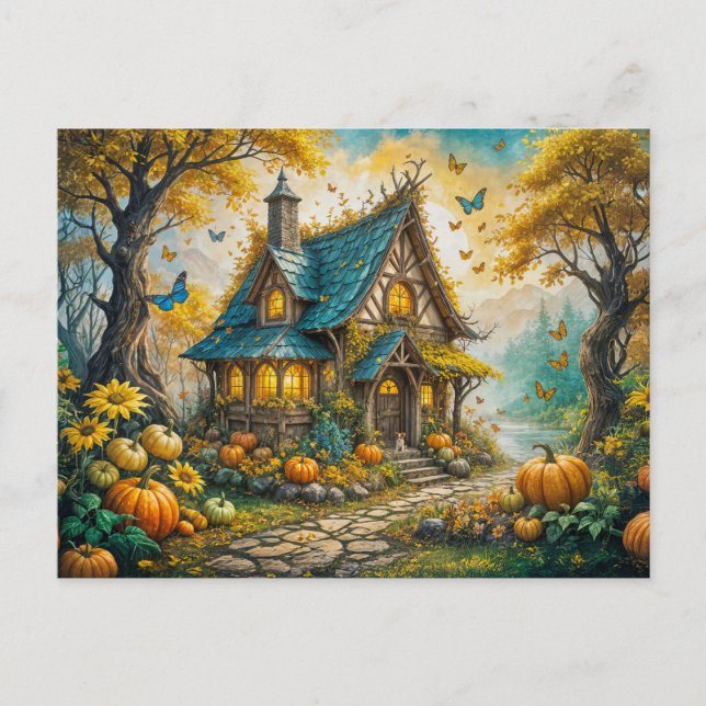 Enchanting Autumn Cottage with Pumpkins Postkarte (Vorderseite)
