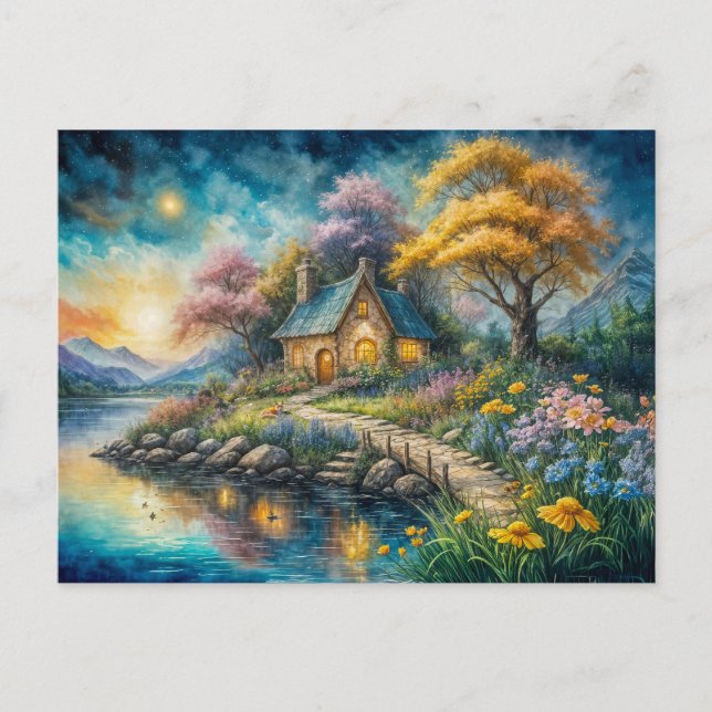 Enchanting Cottage by Moonlit Stream Postkarte (Vorderseite)