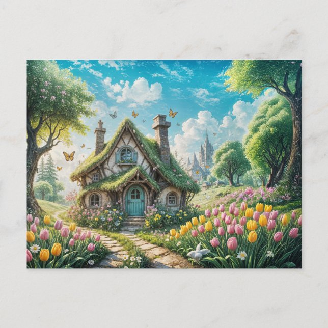 Enchanting Cottage with Tulip Garden Postkarte (Vorderseite)