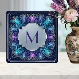 Enchanting Monogram Teal Purple Swirls Decorative Fliese