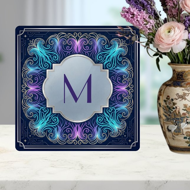Enchanting  Monogram Teal Purple Swirls Decorative Fliese (Von Creator hochgeladen)