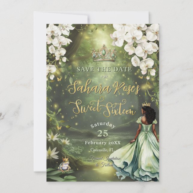 Enchanting Princess & Frog Green Dress Sweet 16 Save The Date (Vorderseite)