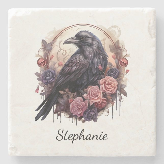 Enchanting Raven & Rose Home Accent Steinuntersetzer (Vorderseite)