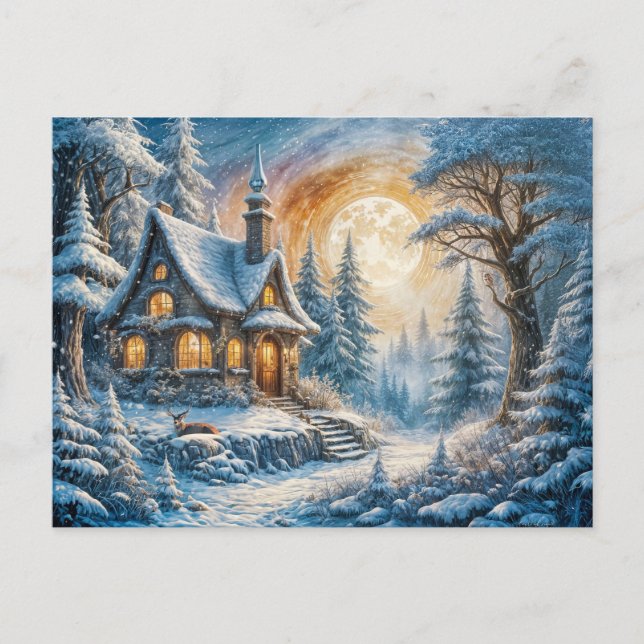 Enchanting Winter Cottage in Moonlight Postkarte (Vorderseite)