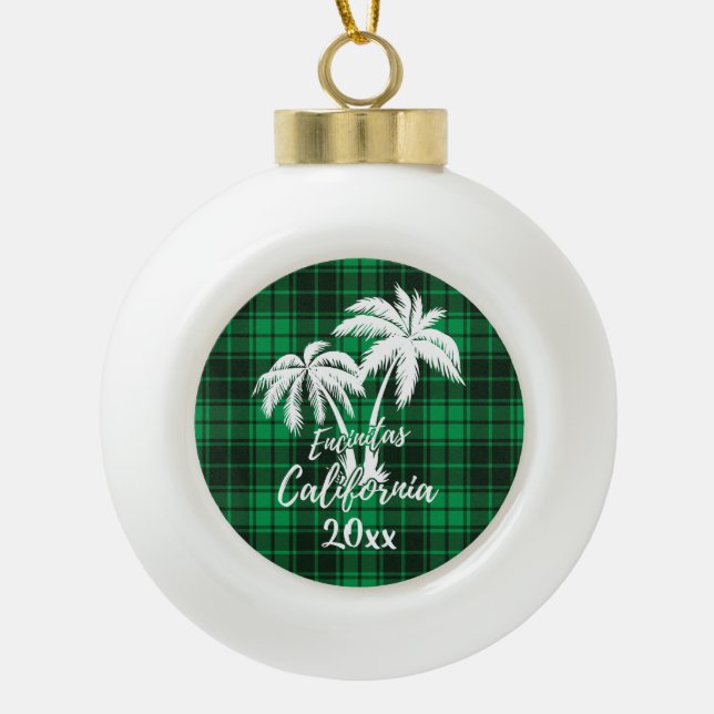 Encinitas California Beach Palm Tree Green Kariert Keramik Kugel-Ornament (Vorderseite)