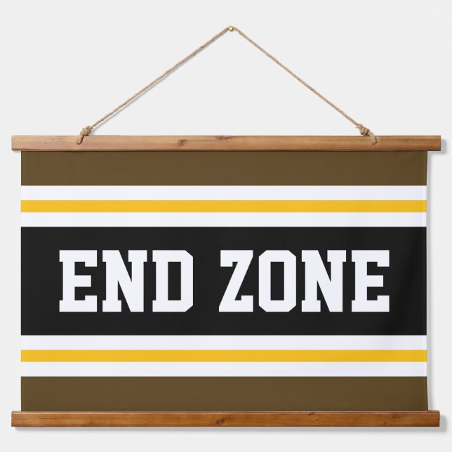 END ZONE Fun Athletic Brawn Yellow White Stripes Wandteppich Mit Holzrahmen (Vorne)