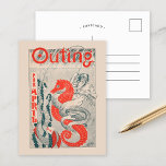Ende April 1896 | Vintages Magazin Postkarte<br><div class="desc">Ende April (1896) | Diese Vintage Illustration aus der April 1896-Ausgabe des Outing Sports Magazins, erstellt von Willard Bonte, zeigt ein auffallendes Schwarz-Weiß-zeichn eines Händlers, der auf einem anmutigen Seepferd reitet und mit fett roten Details besticht. Die muskulöse Form und das fließende Haar des Mannes, zusammen mit dem aufwändigen Design...</div>