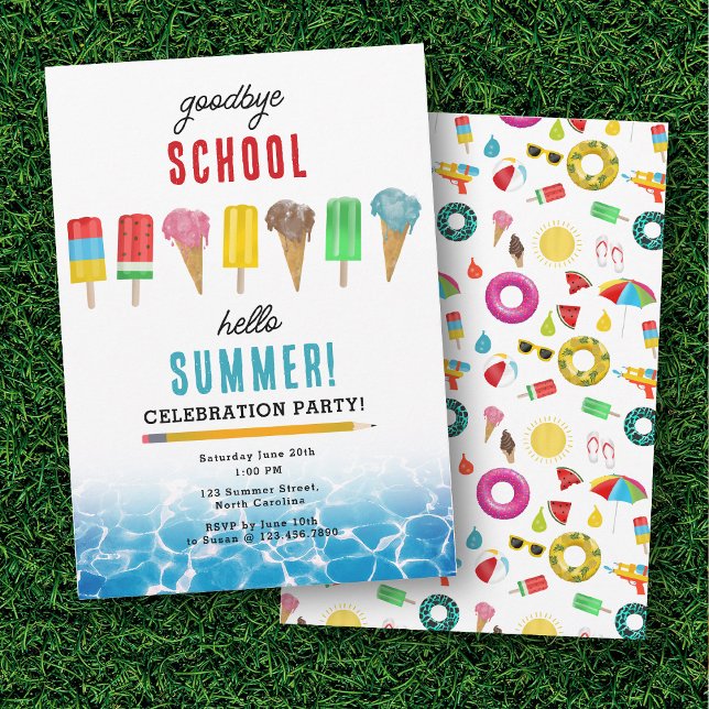 Ende der Schule Goodbye Hello Summer Pool Party Einladung (End of School Goodbye Hello Summer Pool Party Invitation)