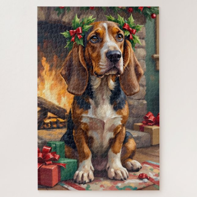 Endearing Basset Hound Dog with Christmas Wreath Puzzle (Vertikal)