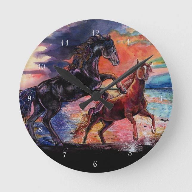 Endless Sky Watercolor Pferde Runde Wanduhr (Vorderseite)