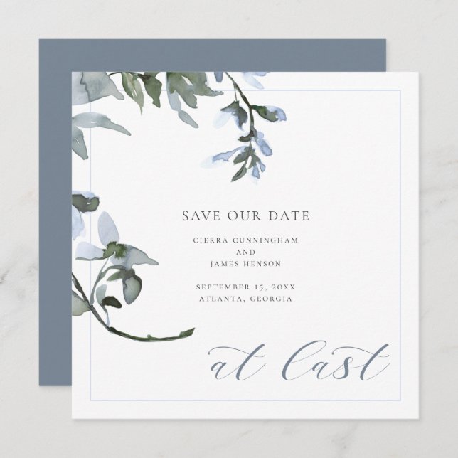 Endlich Blue Floral Calligraphy Save the Date Card (Vorne/Hinten)