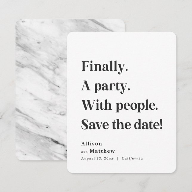 Endlich ein Party mit schlichtem Schwarzweißtext Save The Date (Vorne/Hinten)