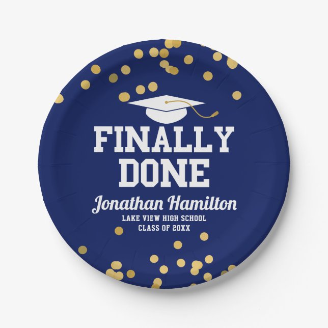 Endlich Fertig Navy Blue Graduation Party Pappteller (Vorderseite)