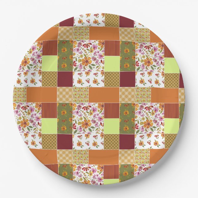 Endlich Frühlings-Patchwork-Cheater- Quilt  Pappteller (Vorderseite)