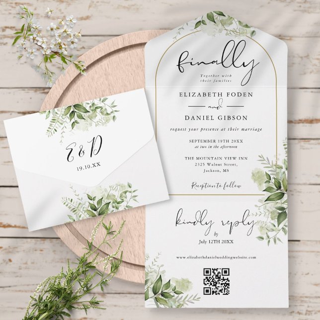 Endlich Gold Arch Greenery Floral QR Code Hochzeit All In One Einladung (Von Creator hochgeladen)