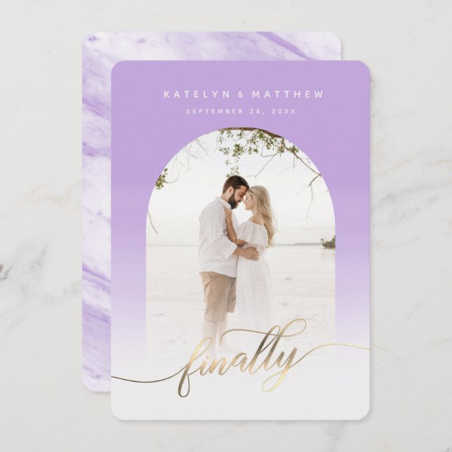 Endlich Gold Script Lavendel Archway Gerahmtes Fot Save The Date (Vorne/Hinten)
