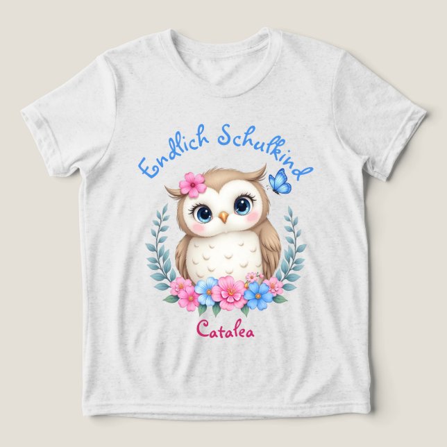 Endlich Schulkind - niedliche Eule mit Blumen  Tri-Blend Shirt (Design Vorderseite)