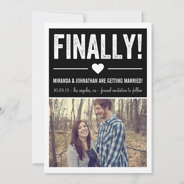 Endlich - Schwarzes Foto speichern Sie die Ankündi Save The Date (Vorderseite)